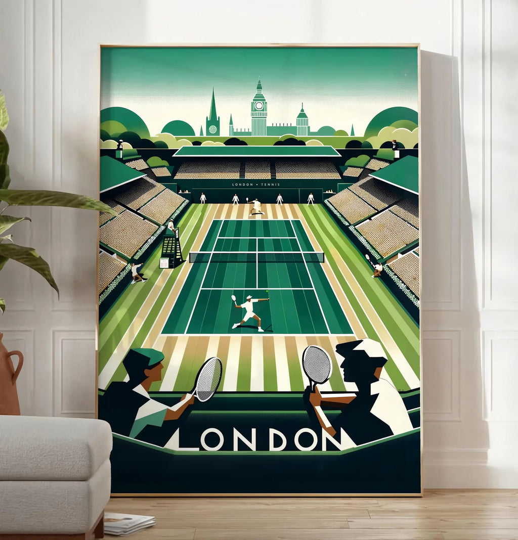 Reproduction match de tennis sur un court en gazon vu depuis des spectateurs, posee au sol dans un salon minimaliste clair, a cote d'un canape beige et d'une plante verte, sur un parquet clair