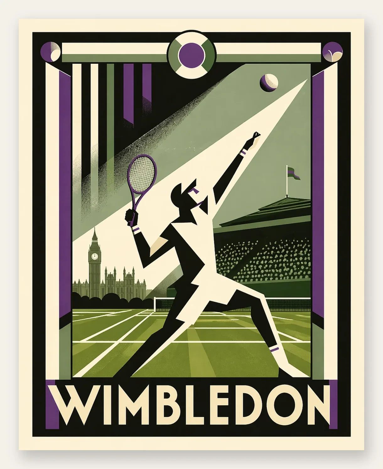 Affiche Wimbledon Art Deco, joueur au revers sur gazon sous faisceau lumineux