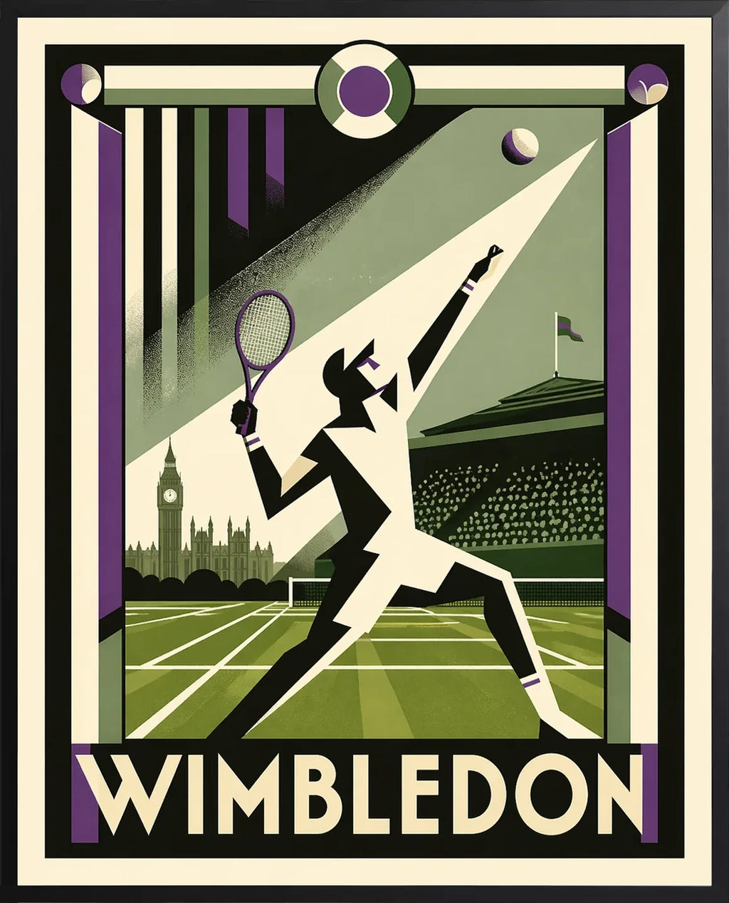 Encadrement noir mat autour de l'affiche Wimbledon gazon faisceau lumineux