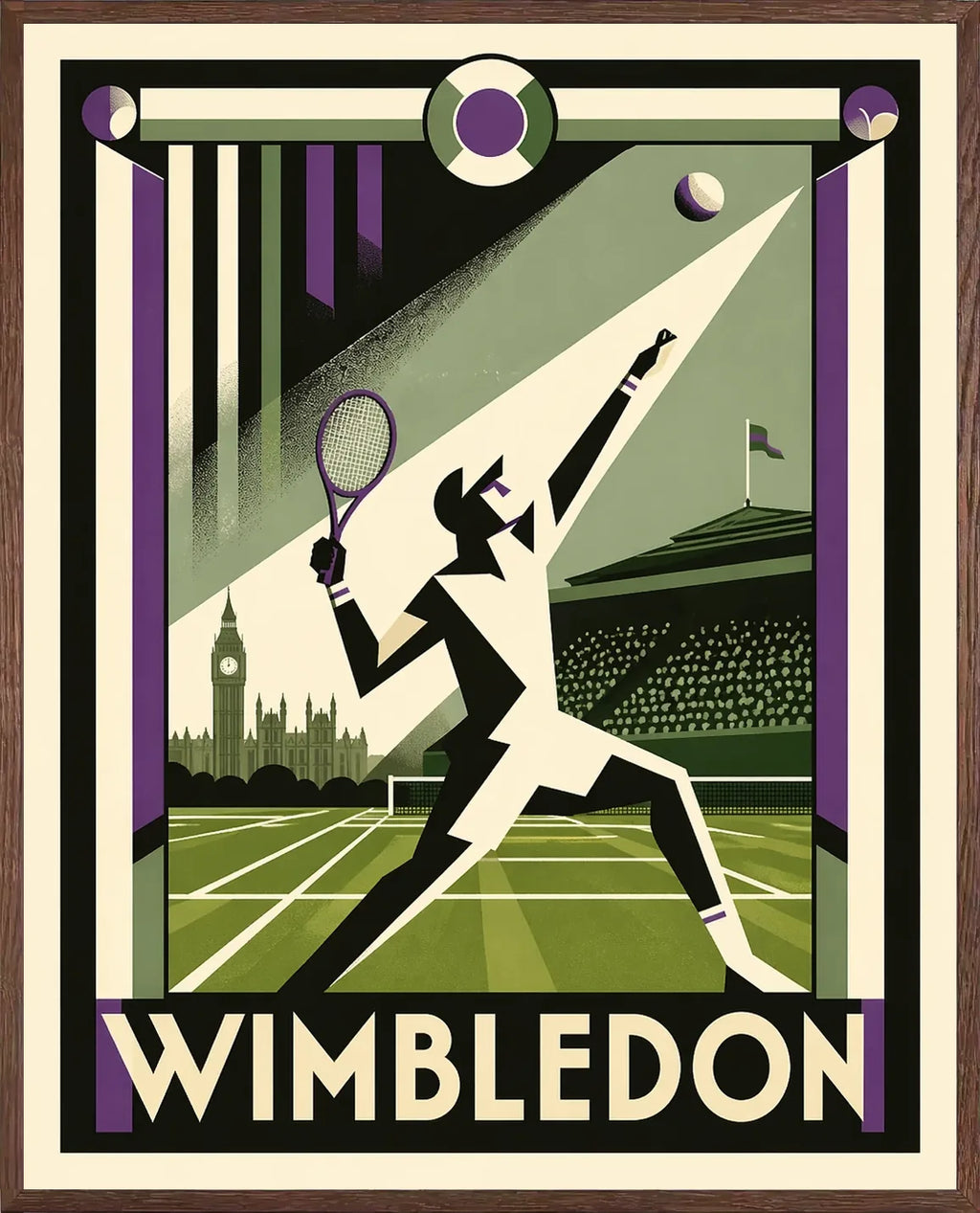 Cadre chene clair entourant l'affiche Wimbledon joueur revers Art Deco