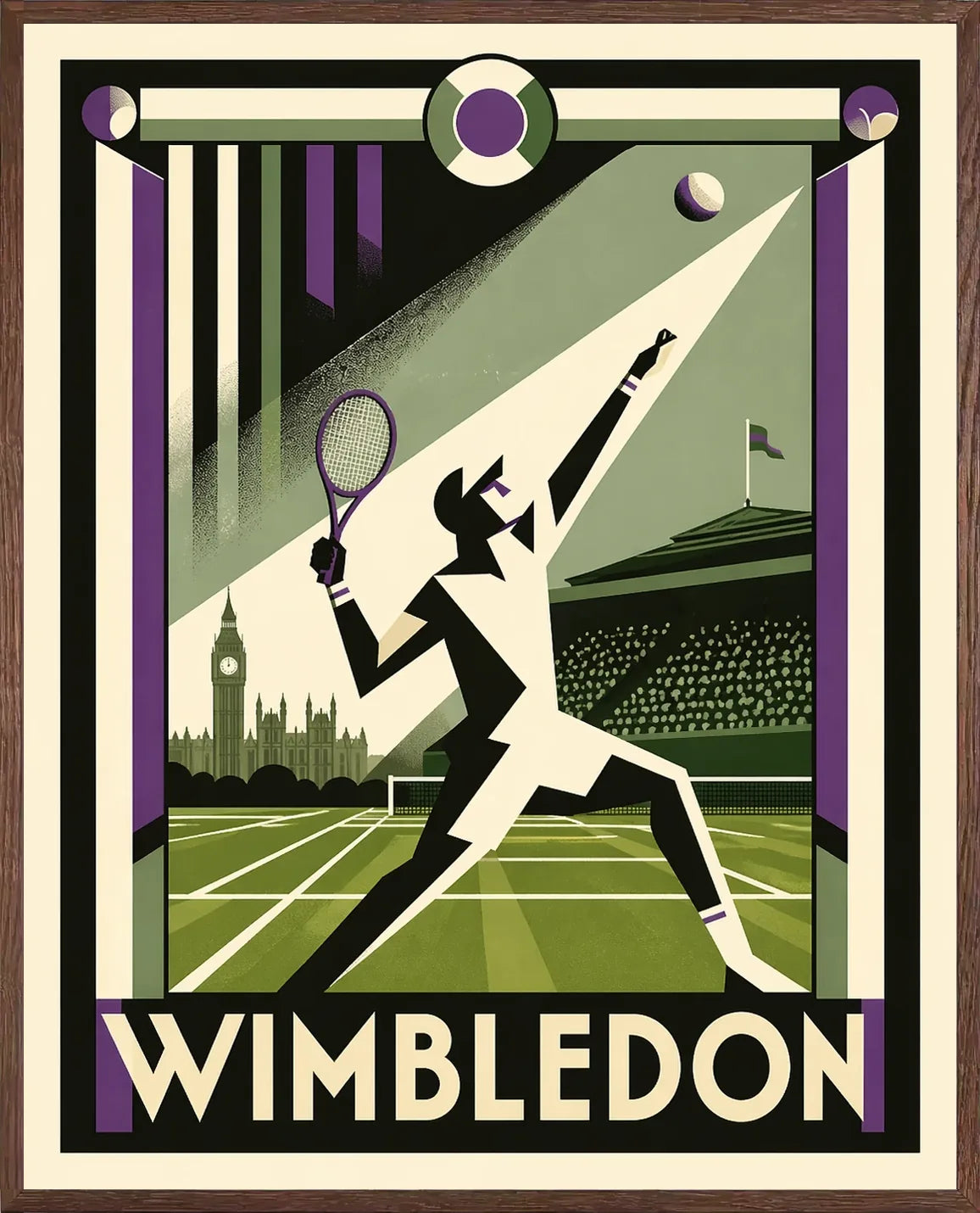 Cadre chene clair entourant l'affiche Wimbledon joueur revers Art Deco
