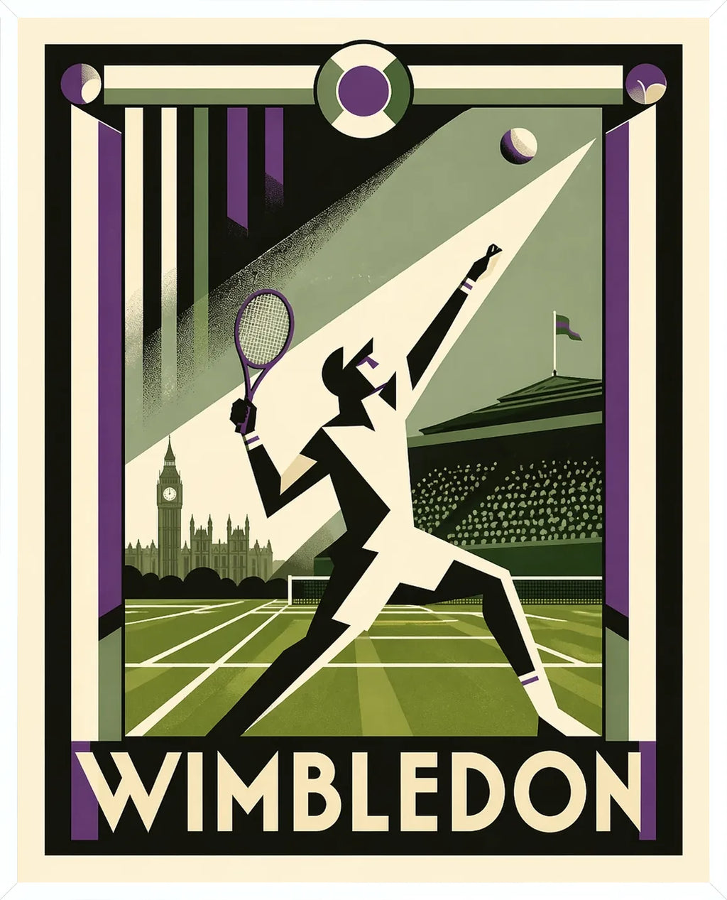Cadre blanc epure presentant l'affiche Wimbledon joueur revers Art Deco
