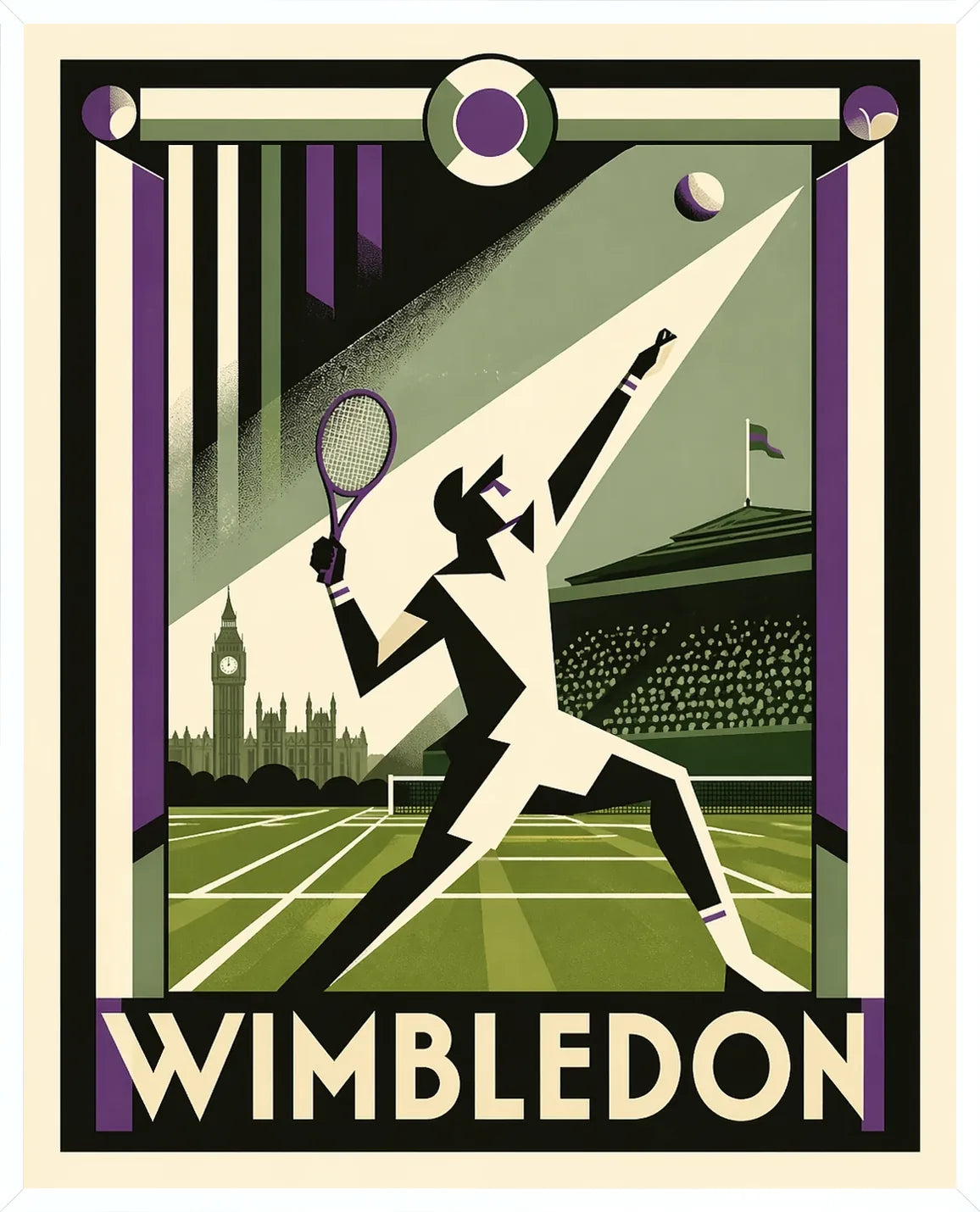 Cadre blanc epure presentant l'affiche Wimbledon joueur revers Art Deco