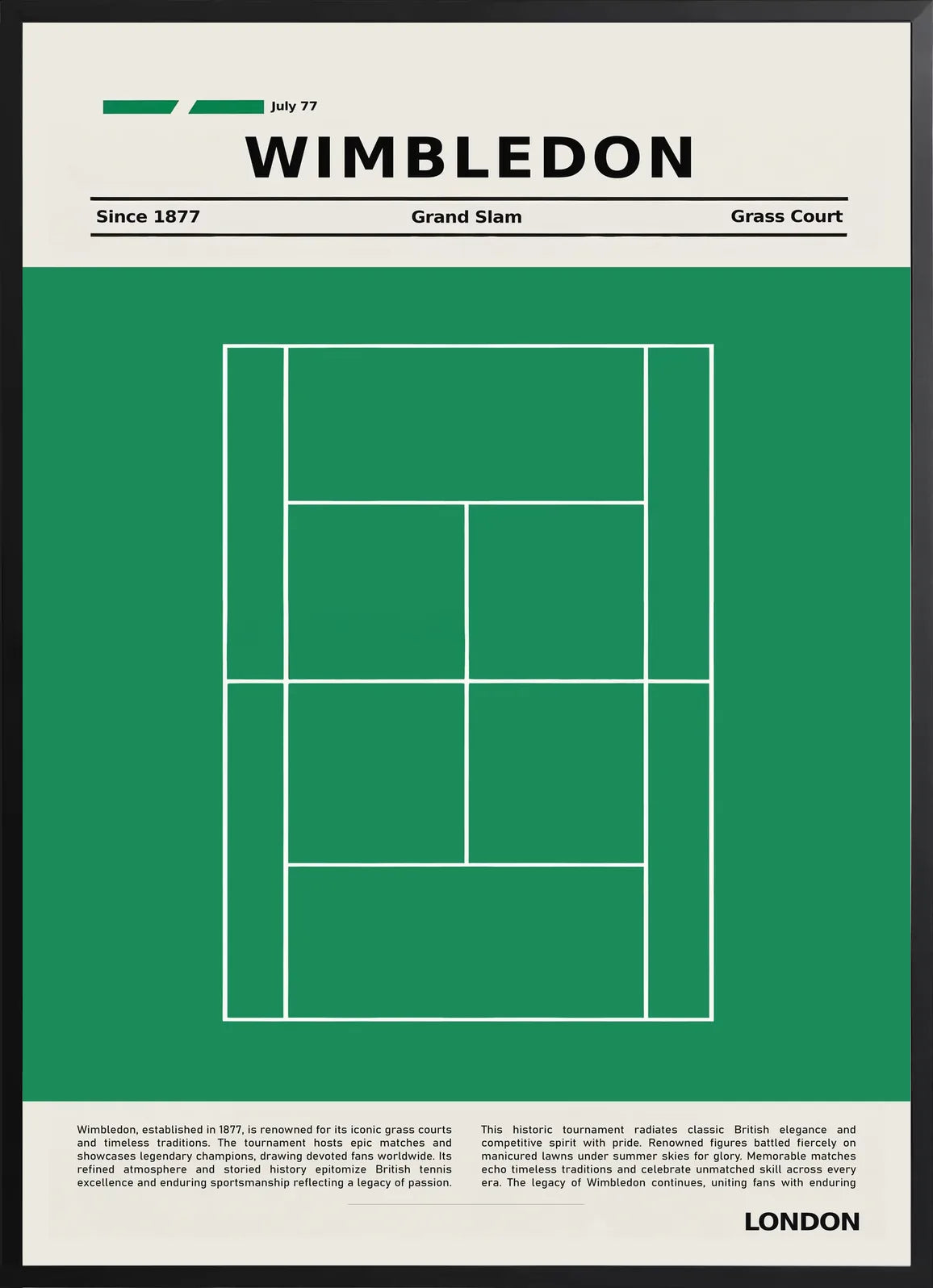 Encadrement noir mat autour de plan de court de tennis de gazon vert, Wimbledon London