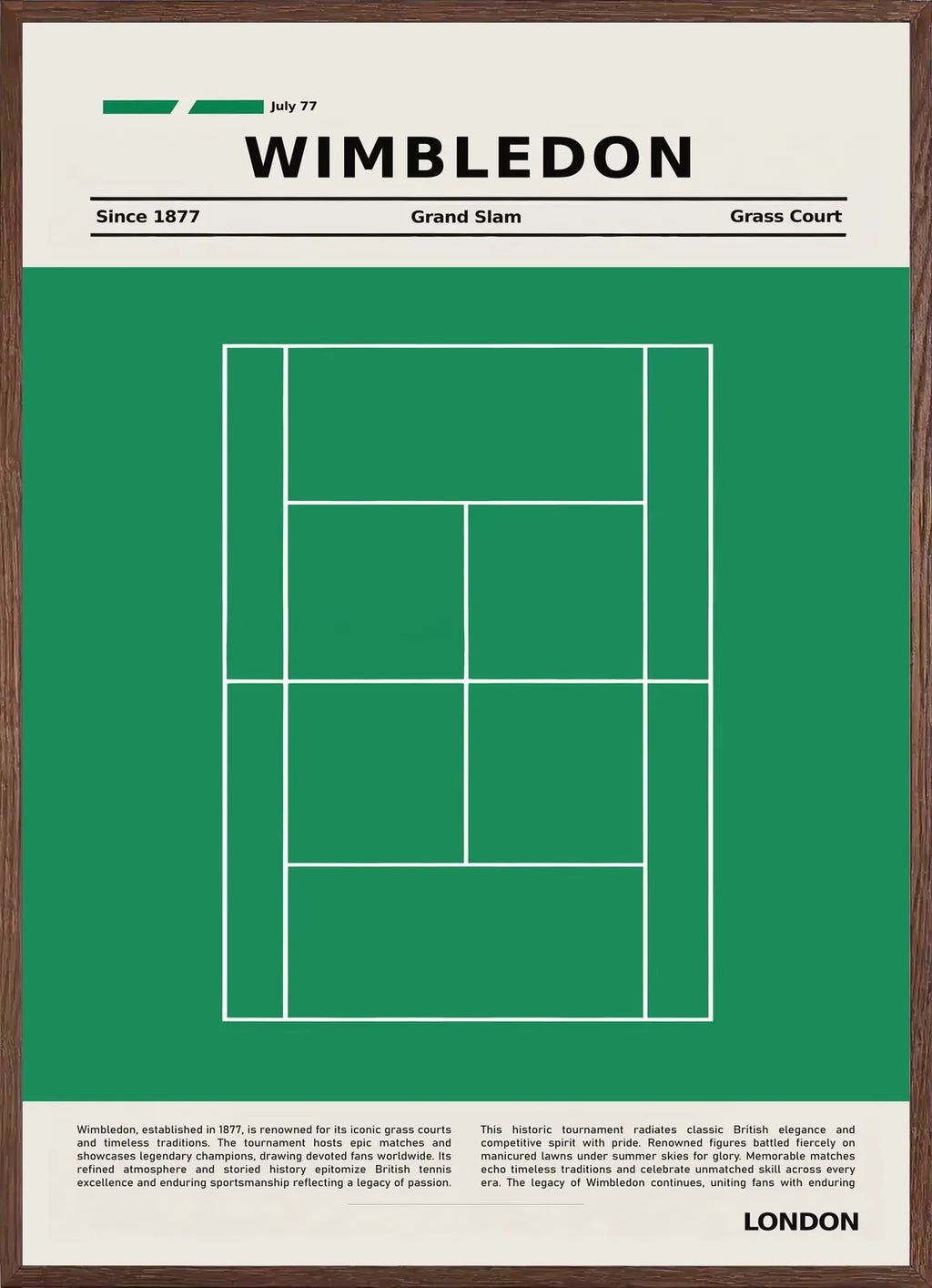 Cadre chene clair entourant plan de court de tennis de gazon vert, Wimbledon London