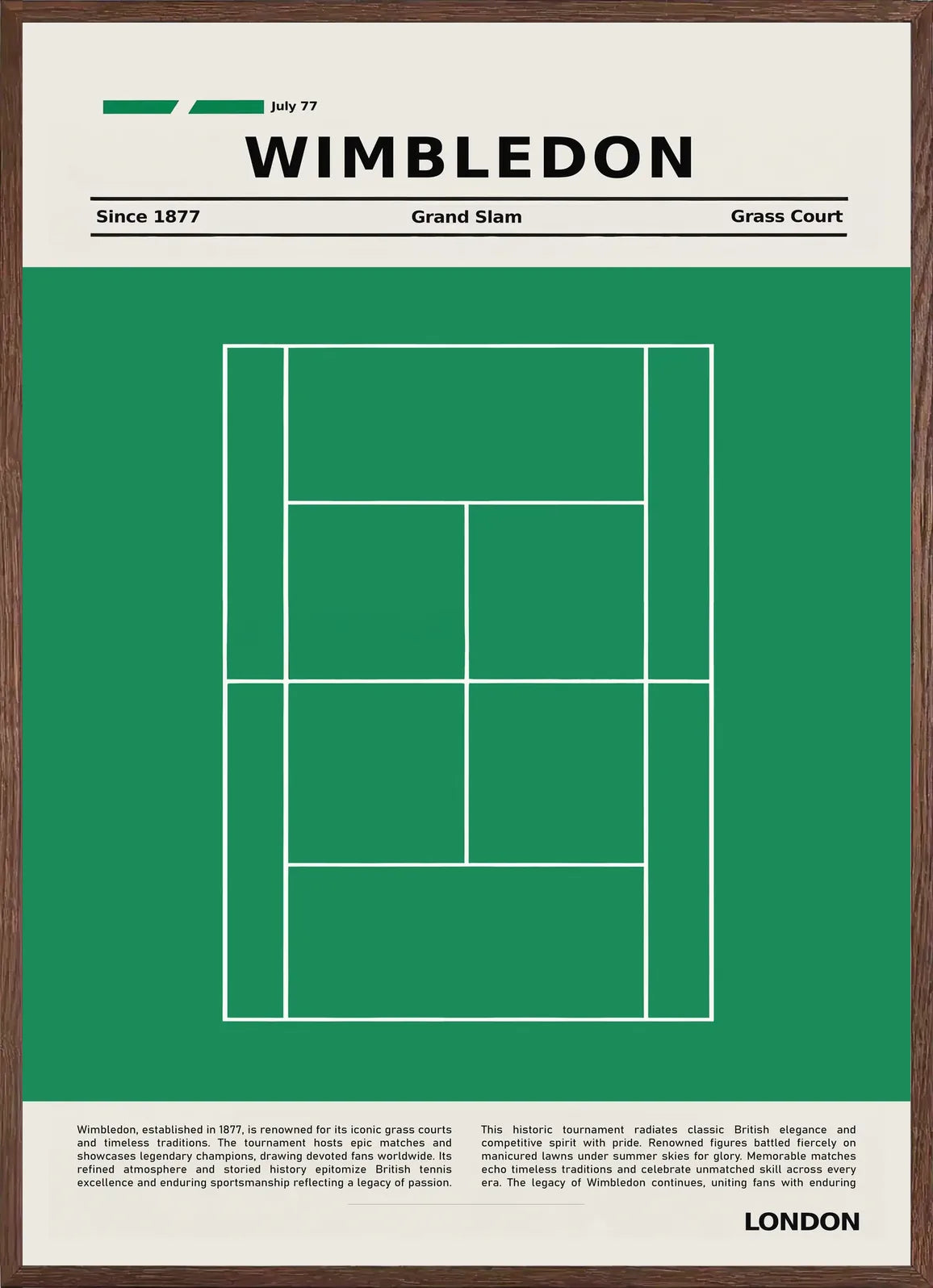 Cadre chene clair entourant plan de court de tennis de gazon vert, Wimbledon London