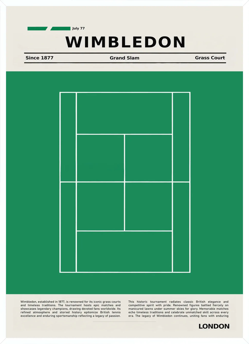 Cadre blanc epure presentant plan de court de tennis de gazon vert, Wimbledon London