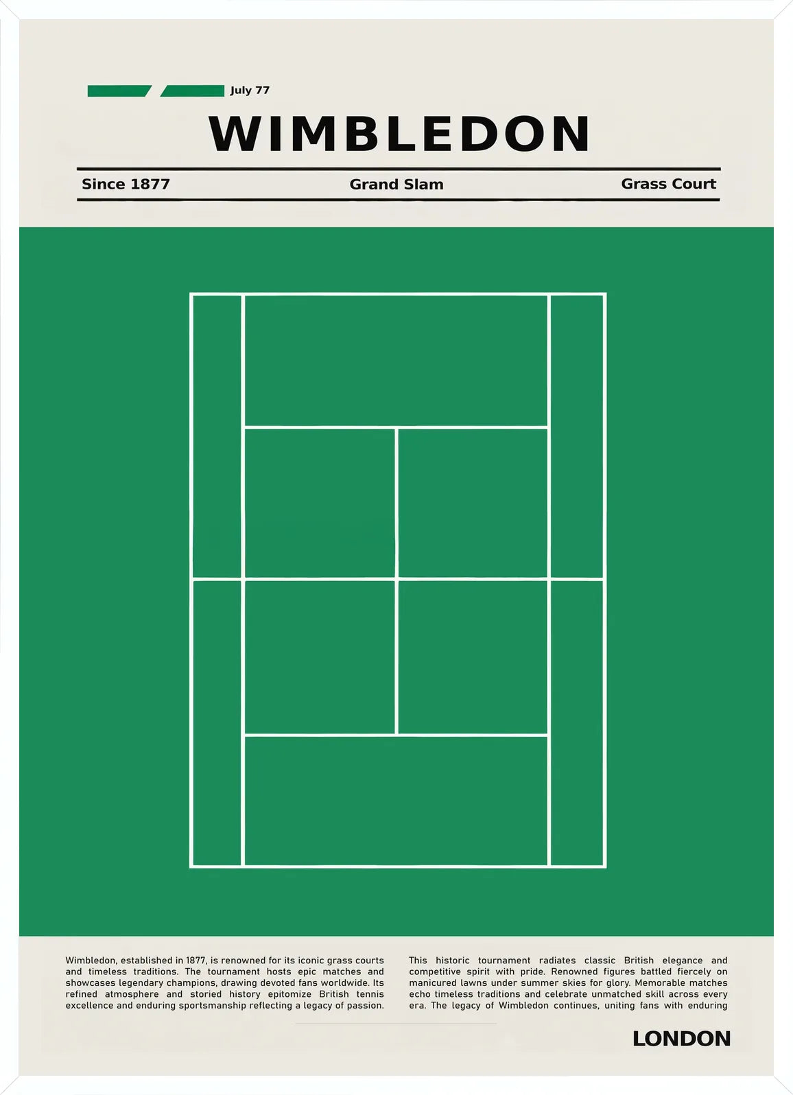 Cadre blanc epure presentant plan de court de tennis de gazon vert, Wimbledon London