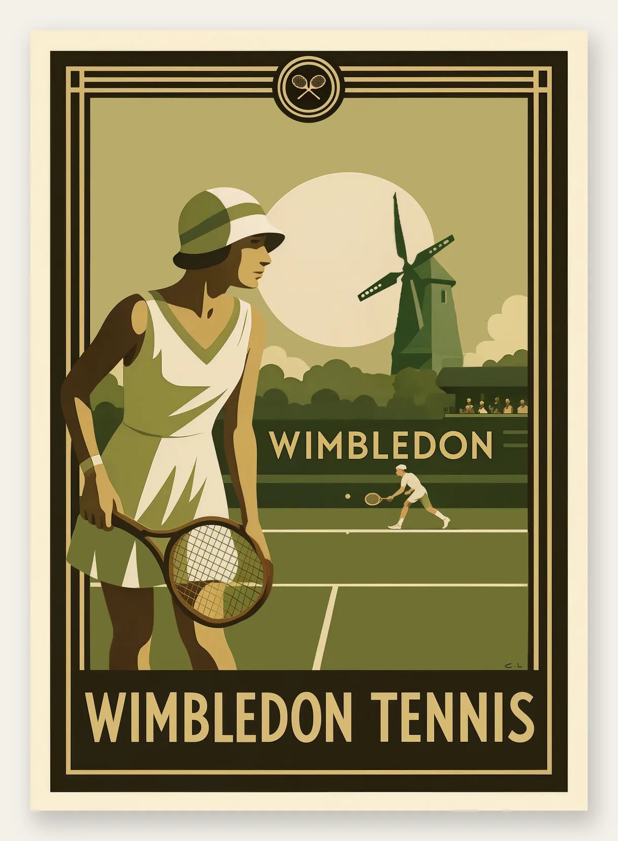 Joueuse de tennis 1920 et raquette en bois, moulin et gazon Wimbledon