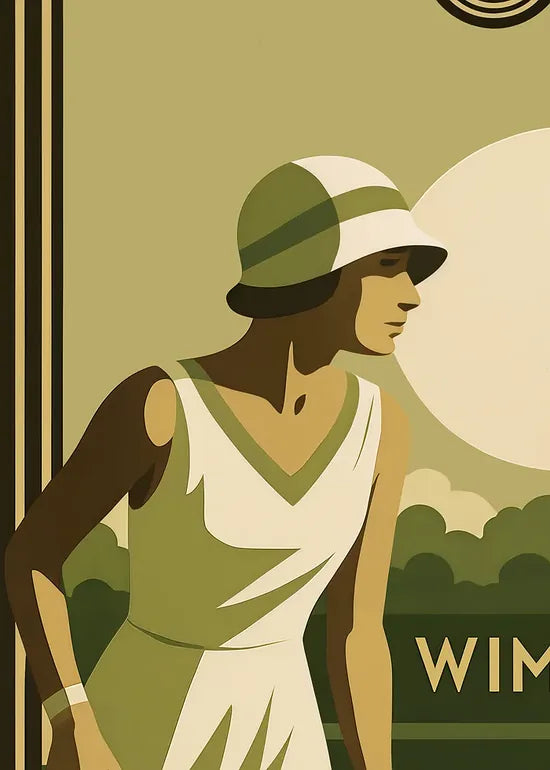 Gros plan sur joueuse de tennis 1920 et raquette en bois, moulin et gazon Wimbledon