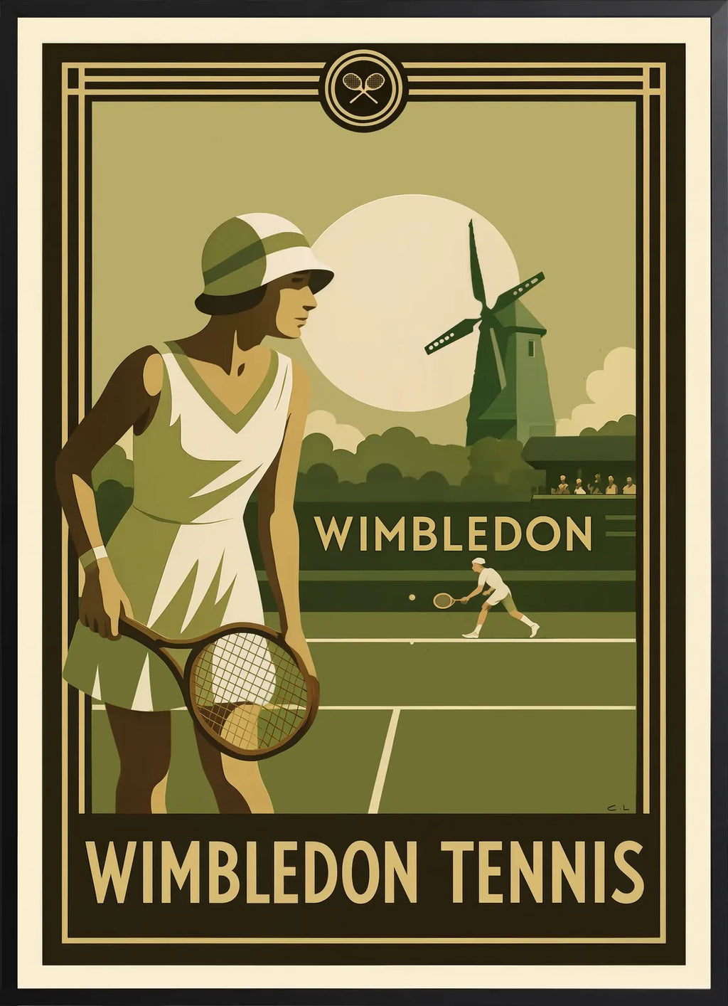 Encadrement noir mat autour de joueuse de tennis 1920 et raquette en bois, moulin et gazon Wimbledon