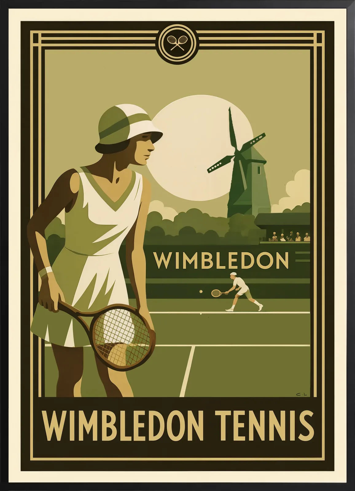 Encadrement noir mat autour de joueuse de tennis 1920 et raquette en bois, moulin et gazon Wimbledon