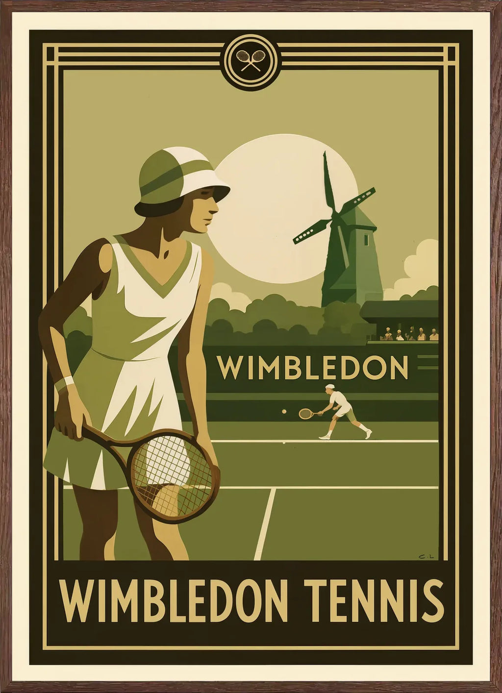 Cadre chene clair entourant joueuse de tennis 1920 et raquette en bois, moulin et gazon Wimbledon