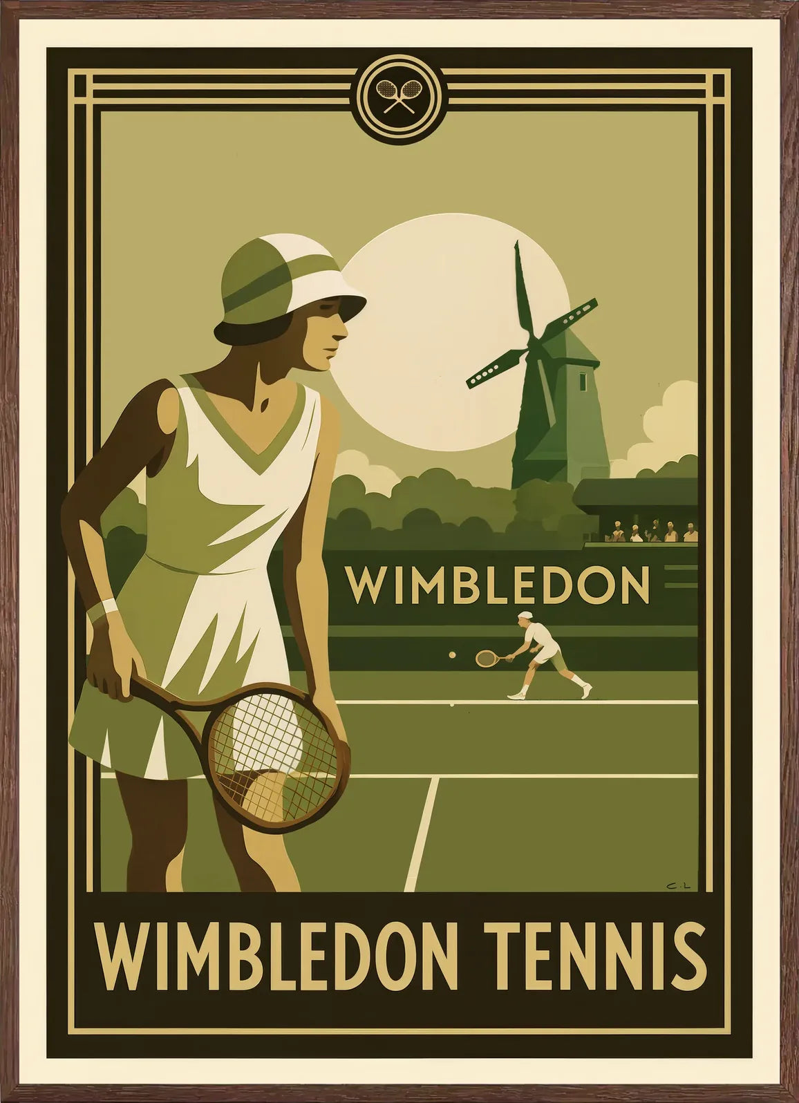 Cadre chene clair entourant joueuse de tennis 1920 et raquette en bois, moulin et gazon Wimbledon