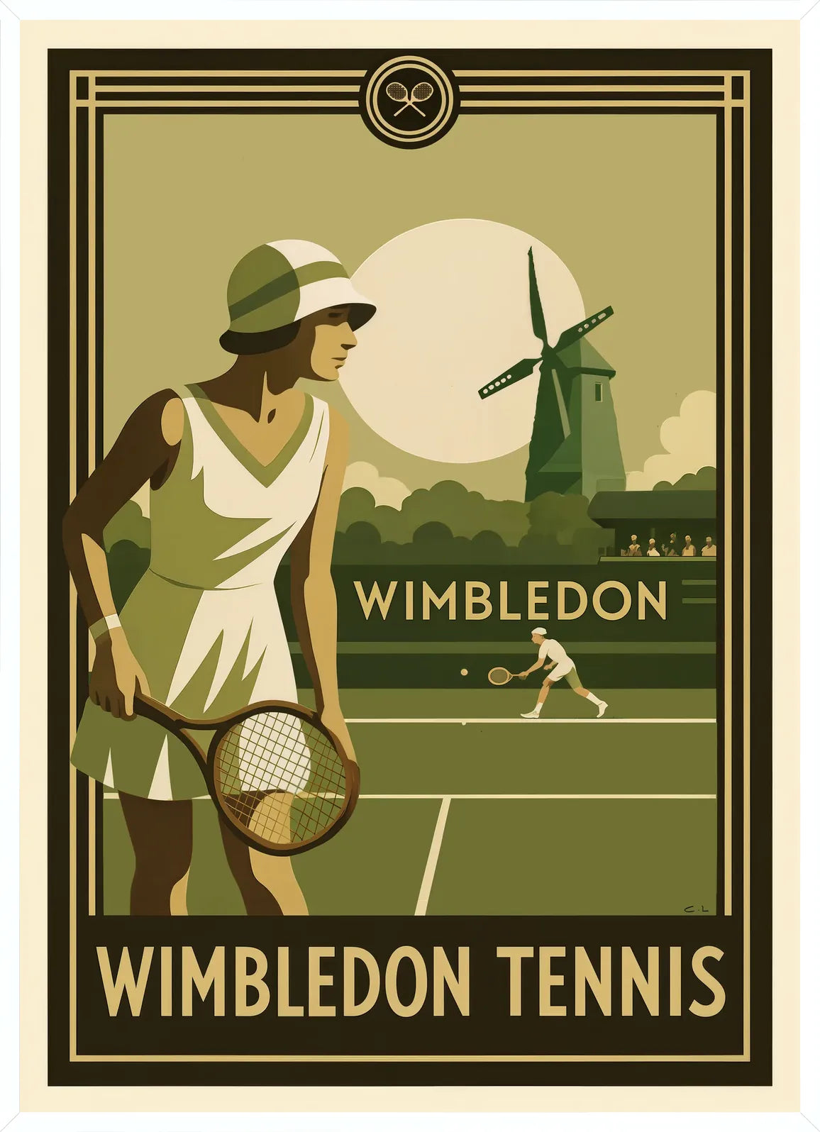 Cadre blanc epure presentant joueuse de tennis 1920 et raquette en bois, moulin et gazon Wimbledon