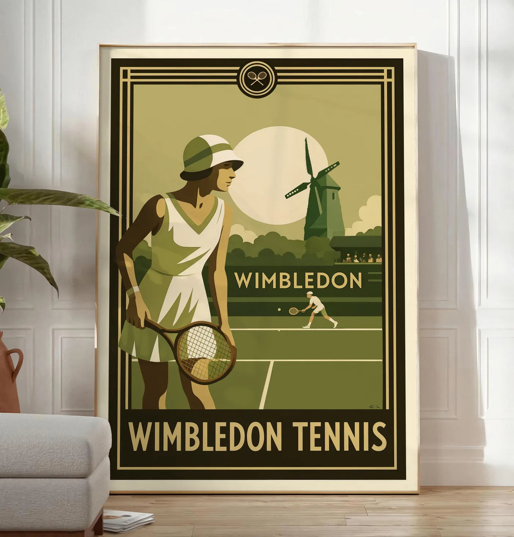 Reproduction joueuse de tennis 1920 et raquette en bois, posee au sol dans un salon minimaliste clair, a cote d'un canape beige et d'une plante verte, sur un parquet clair