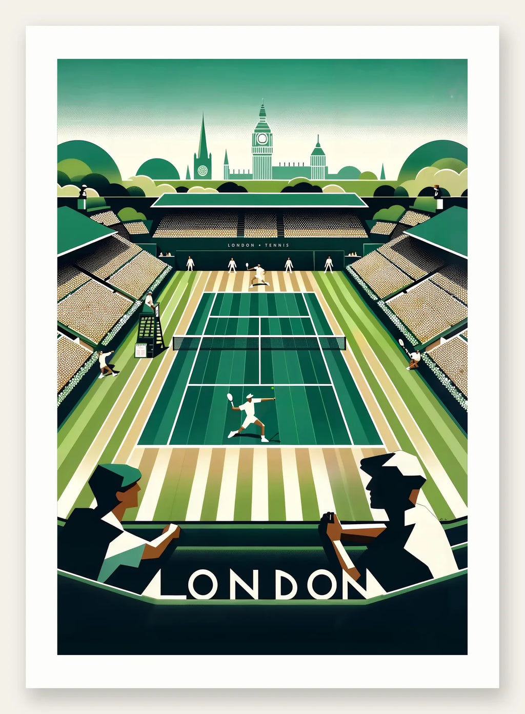 Court de tennis en gazon et spectateurs, Big Ben de Londres