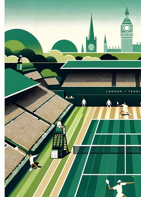 Gros plan sur court de tennis en gazon et spectateurs, Big Ben de Londres
