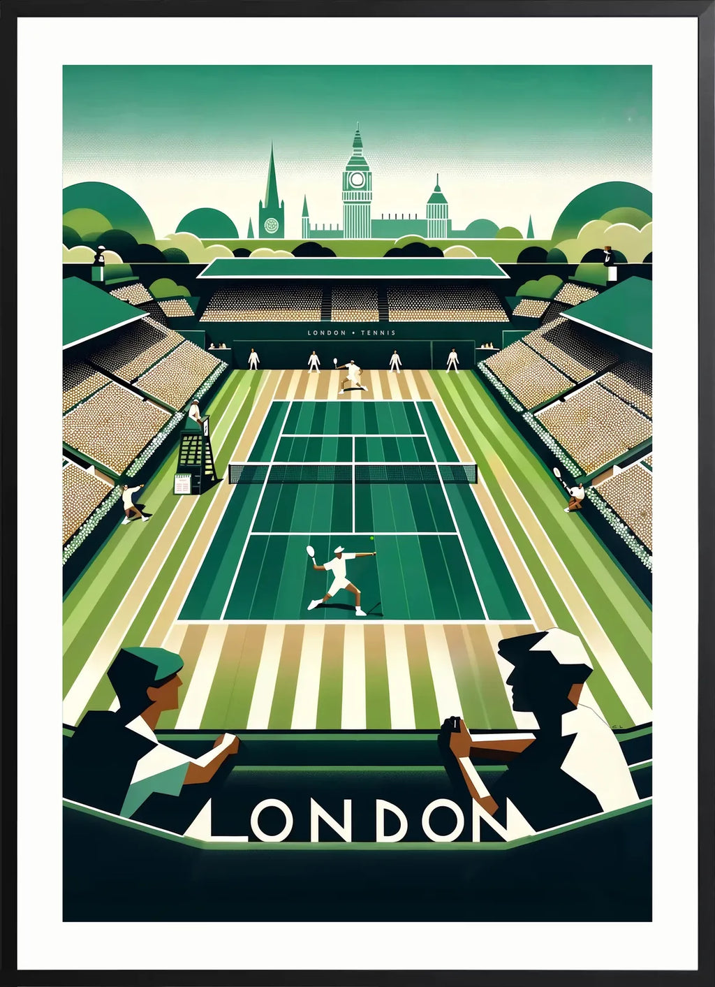 Encadrement noir mat autour de court de tennis en gazon et spectateurs, Big Ben de Londres
