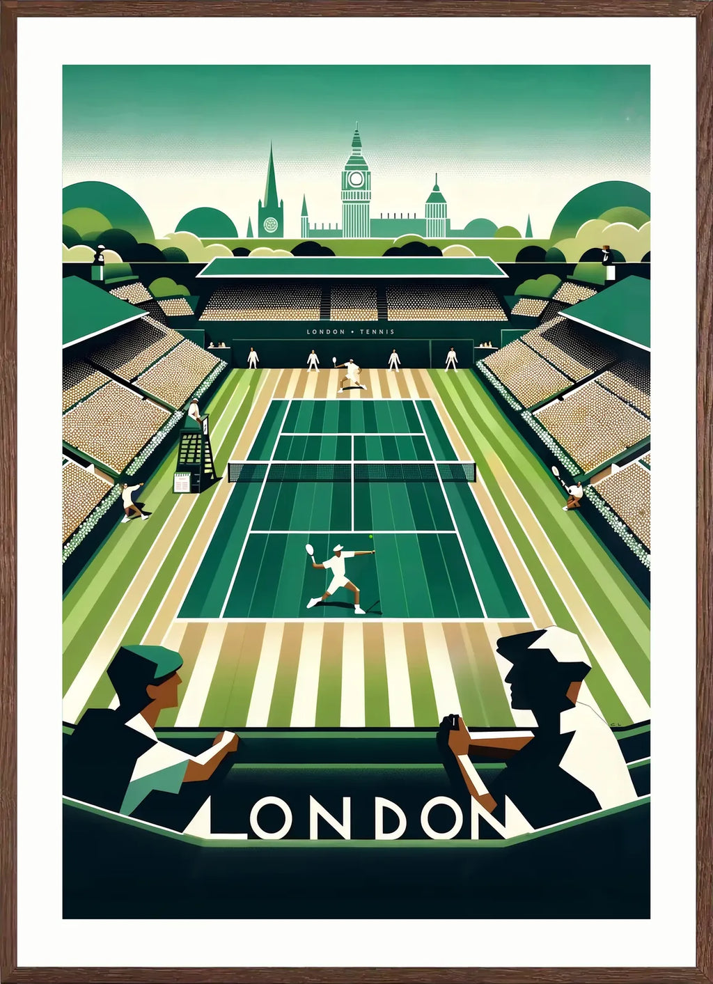 Cadre chene clair entourant court de tennis en gazon et spectateurs, Big Ben de Londres