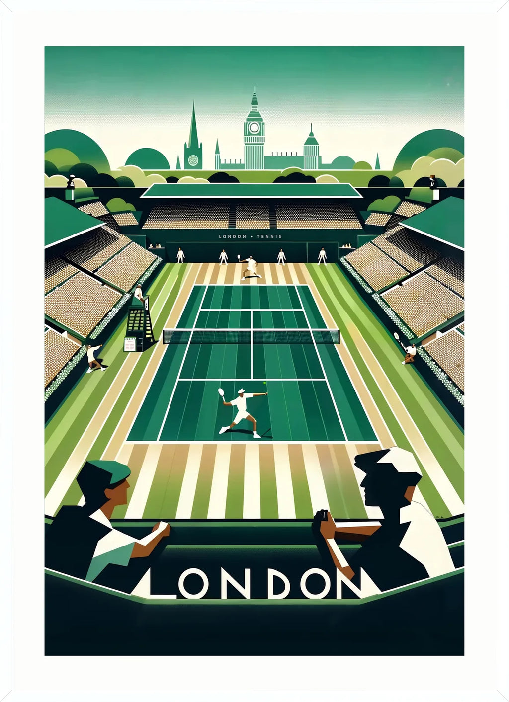 Cadre blanc epure presentant court de tennis en gazon et spectateurs, Big Ben de Londres