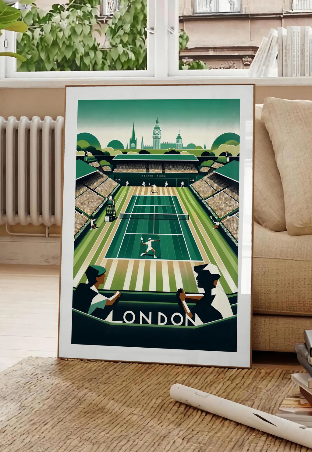 Poster court de tennis en gazon et spectateurs, posee au sol dans un salon parisien, devant une grande fenetre donnant sur un immeuble haussmannien, entre un ficus et un canape creme