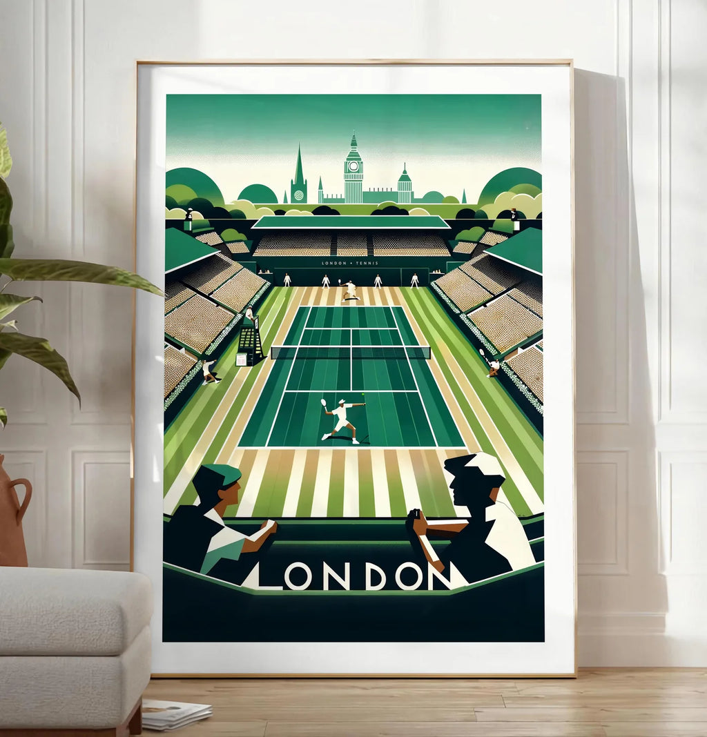 Reproduction court de tennis en gazon et spectateurs, posee au sol dans un salon minimaliste clair, a cote d'un canape beige et d'une plante verte, sur un parquet clair