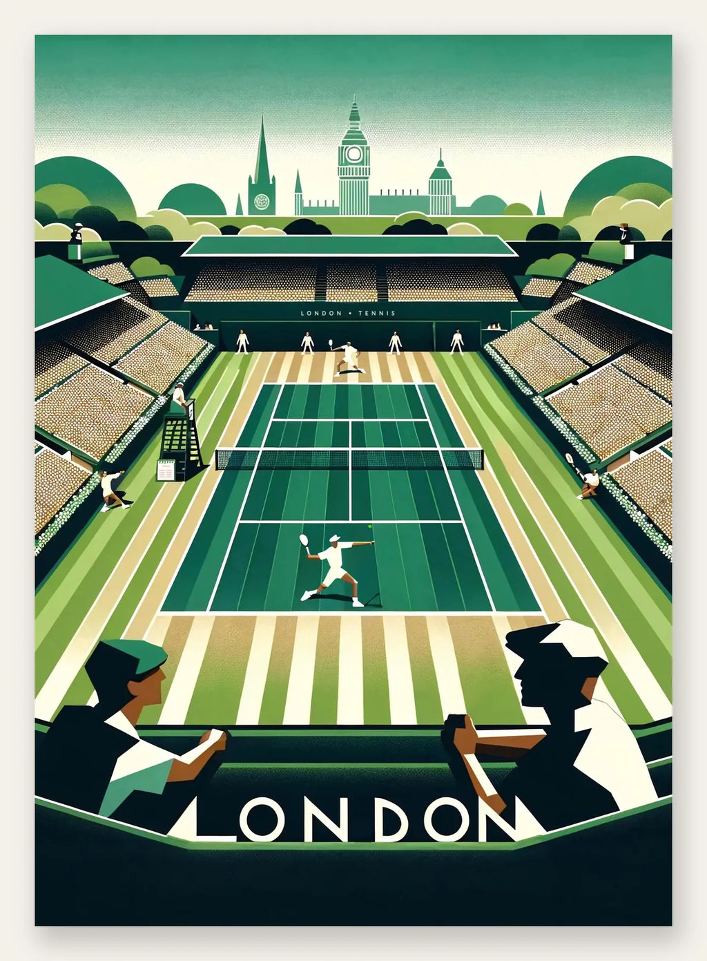 Court de tennis en gazon et spectateurs, skyline de Big Ben