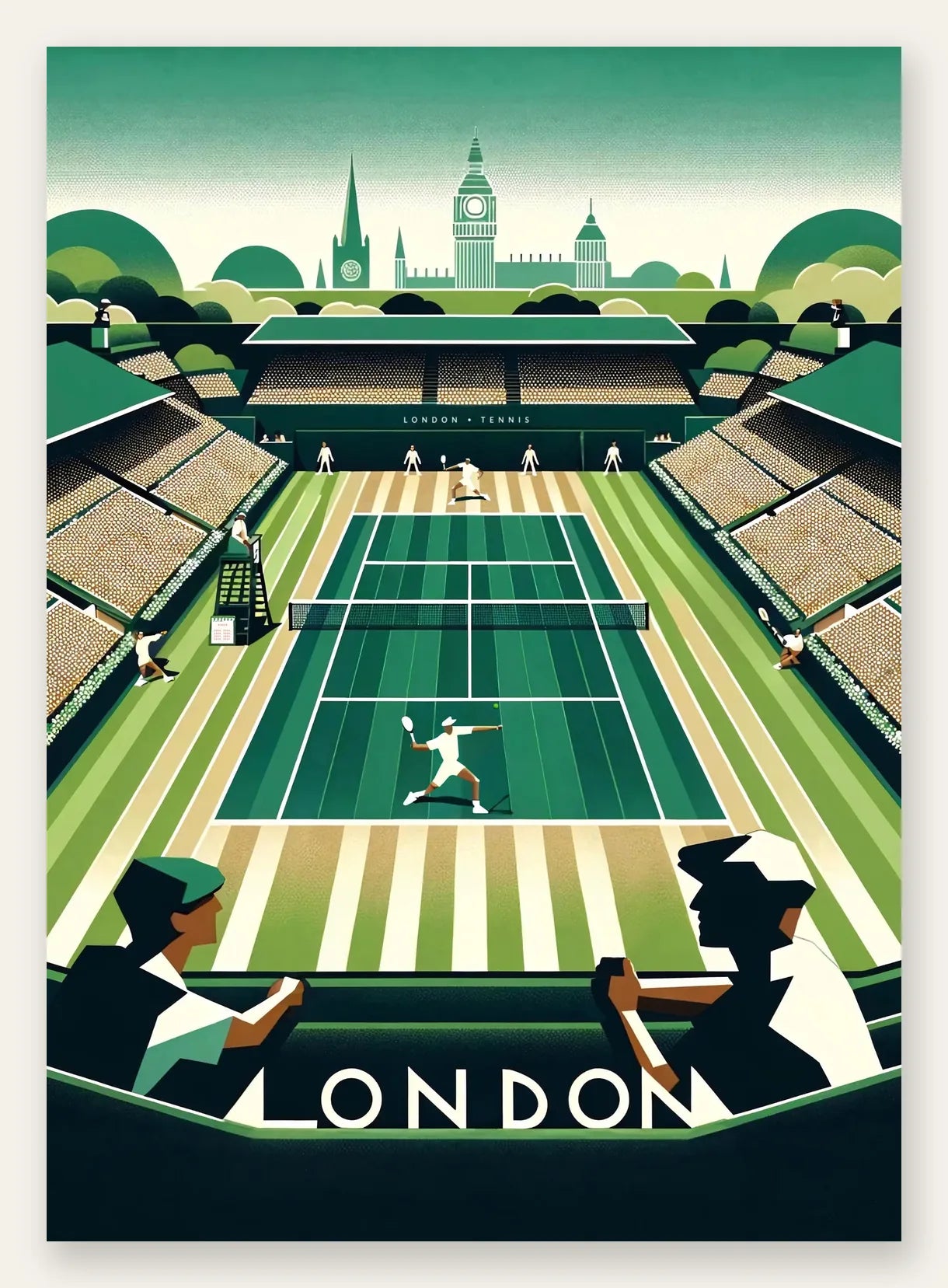 Court de tennis en gazon et spectateurs, skyline de Big Ben
