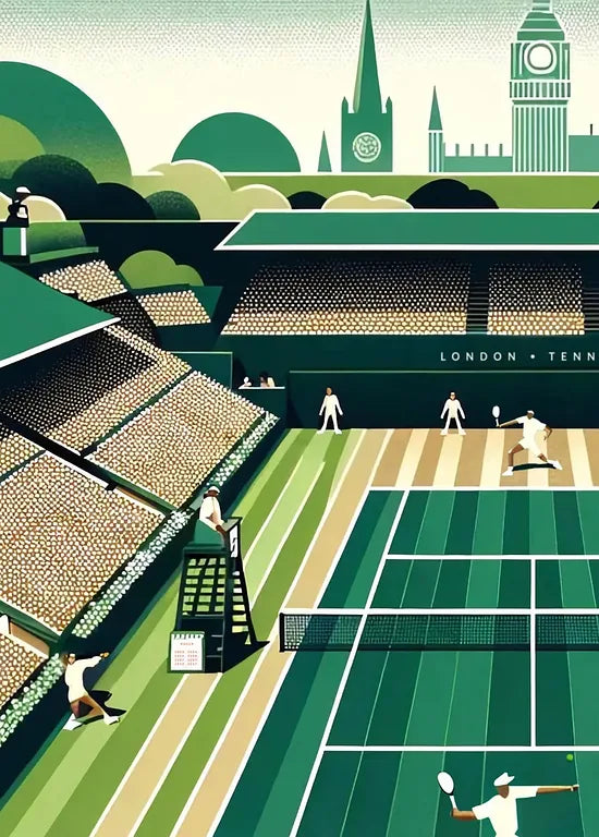 Gros plan sur court de tennis en gazon et spectateurs, skyline de Big Ben