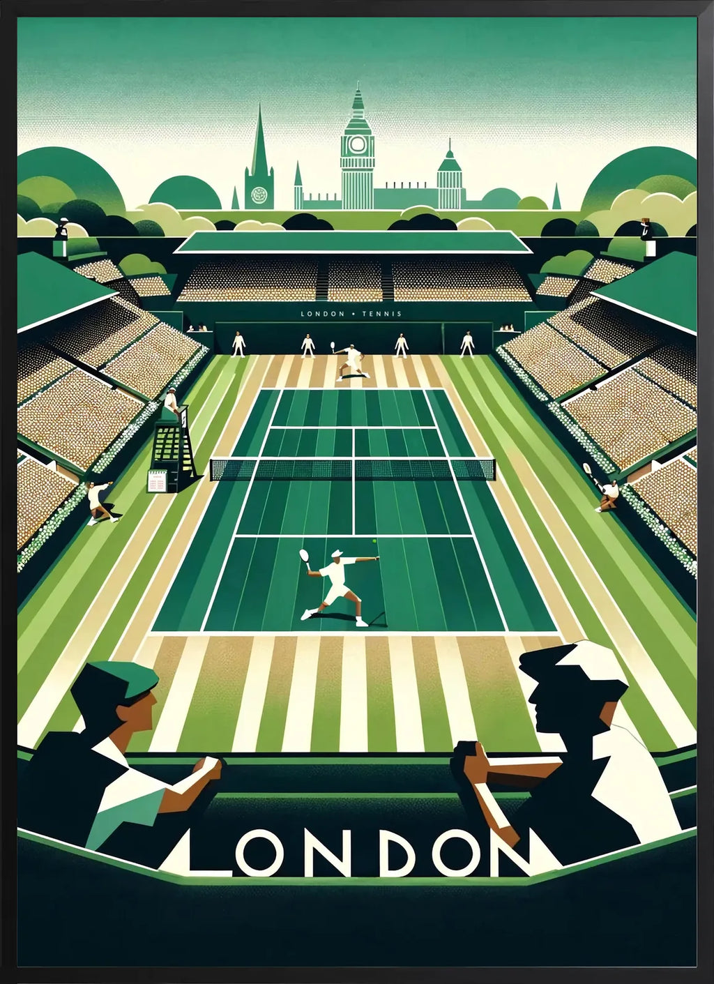 Encadrement noir mat autour de court de tennis en gazon et spectateurs, skyline de Big Ben