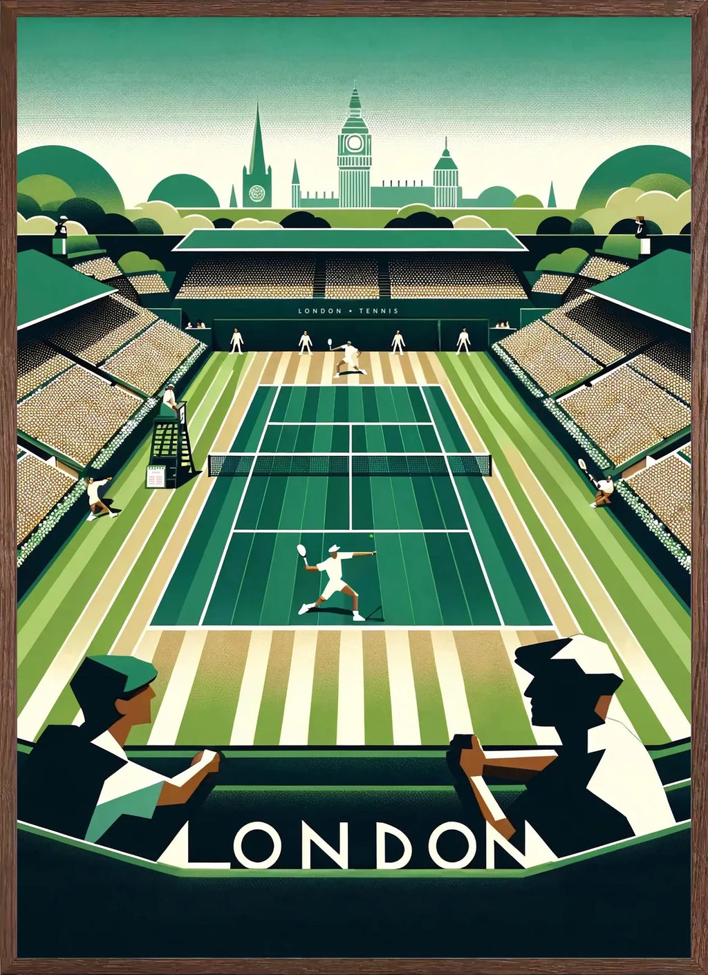 Cadre chene clair entourant court de tennis en gazon et spectateurs, skyline de Big Ben