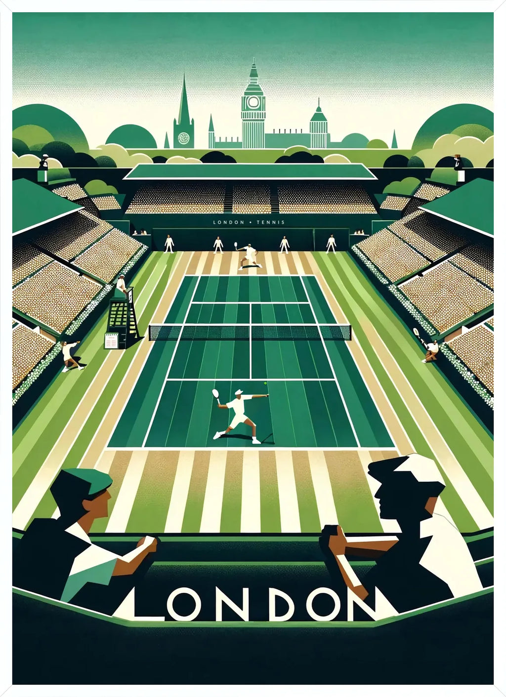 Cadre blanc epure presentant court de tennis en gazon et spectateurs, skyline de Big Ben