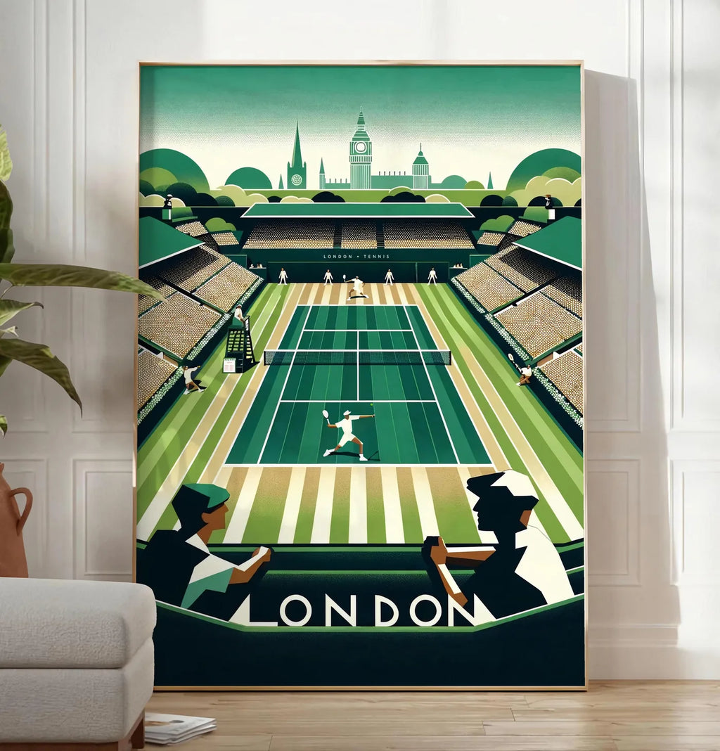 Reproduction court de tennis en gazon et spectateurs, posee au sol dans un salon minimaliste clair, a cote d'un canape beige et d'une plante verte, sur un parquet clair