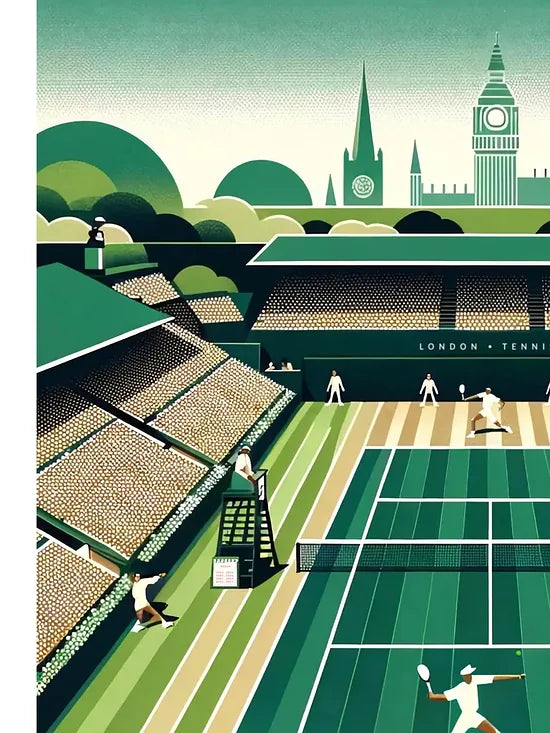 Gros plan sur joueur de tennis sur gazon et spectateurs, Big Ben de Londres