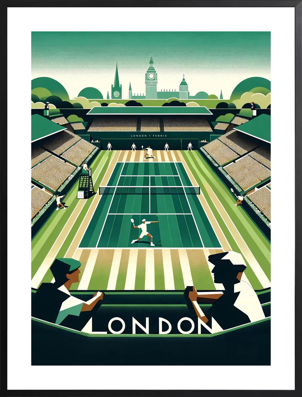 Encadrement noir mat autour de joueur de tennis sur gazon et spectateurs, Big Ben de Londres