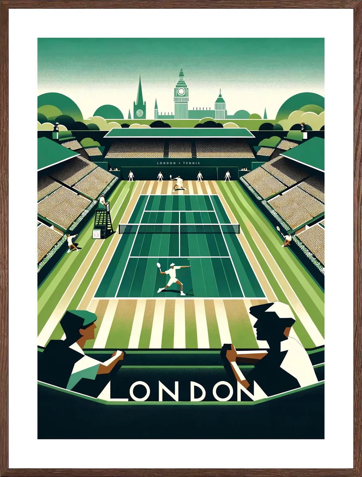 Cadre chene clair entourant joueur de tennis sur gazon et spectateurs, Big Ben de Londres