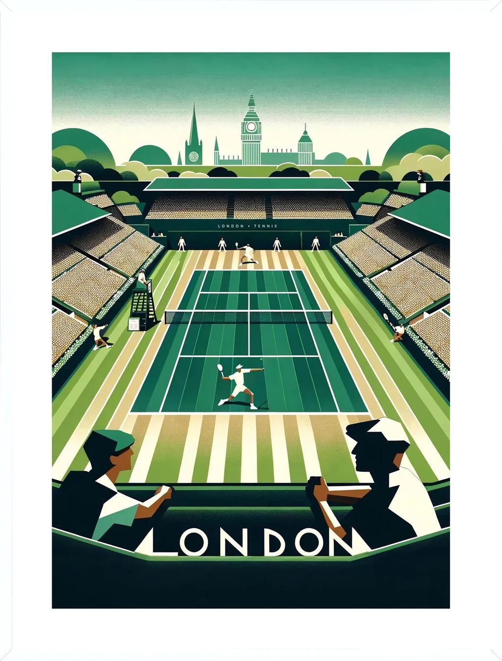 Cadre blanc epure presentant joueur de tennis sur gazon et spectateurs, Big Ben de Londres