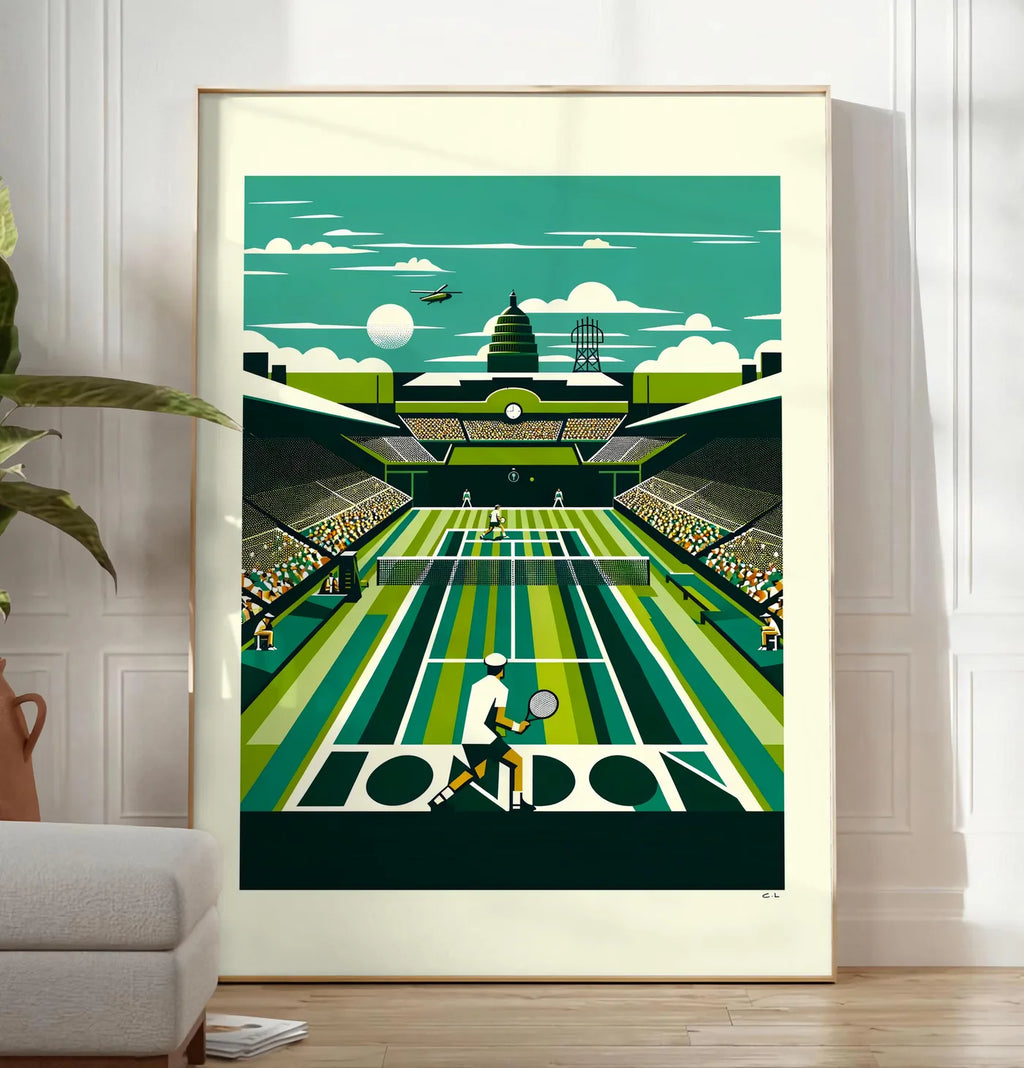 Reproduction joueur de tennis de dos sur gazon raye, posee au sol dans un salon minimaliste clair, a cote d'un canape beige et d'une plante verte, sur un parquet clair