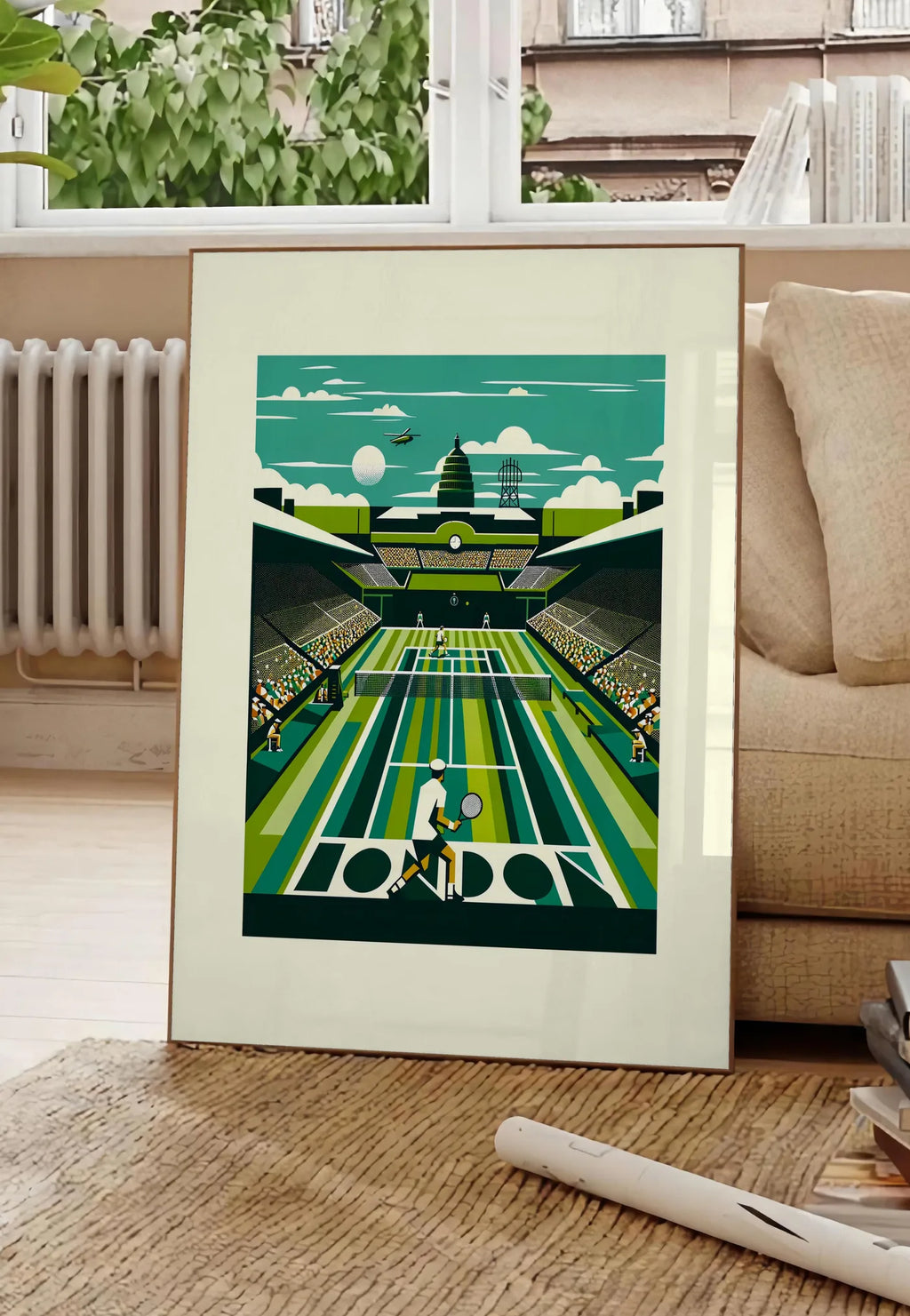 Poster joueur de tennis de dos sur gazon de stade, posee au sol dans un salon parisien, devant une grande fenetre donnant sur un immeuble haussmannien, entre un ficus et un canape creme