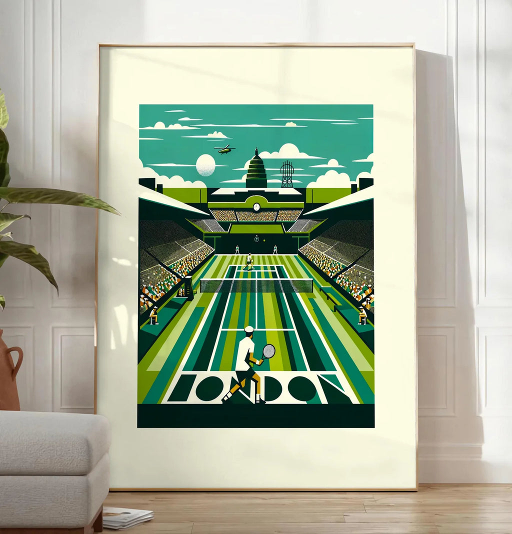 Reproduction joueur de tennis de dos sur gazon de stade, posee au sol dans un salon minimaliste clair, a cote d'un canape beige et d'une plante verte, sur un parquet clair