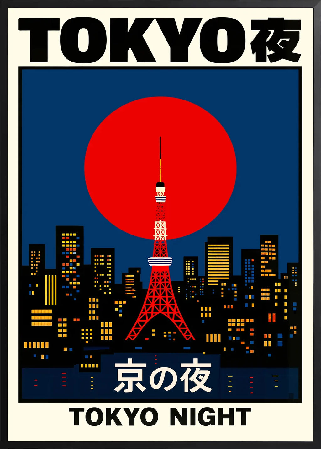 Encadrement noir mat autour de tour de Tokyo et soleil rouge