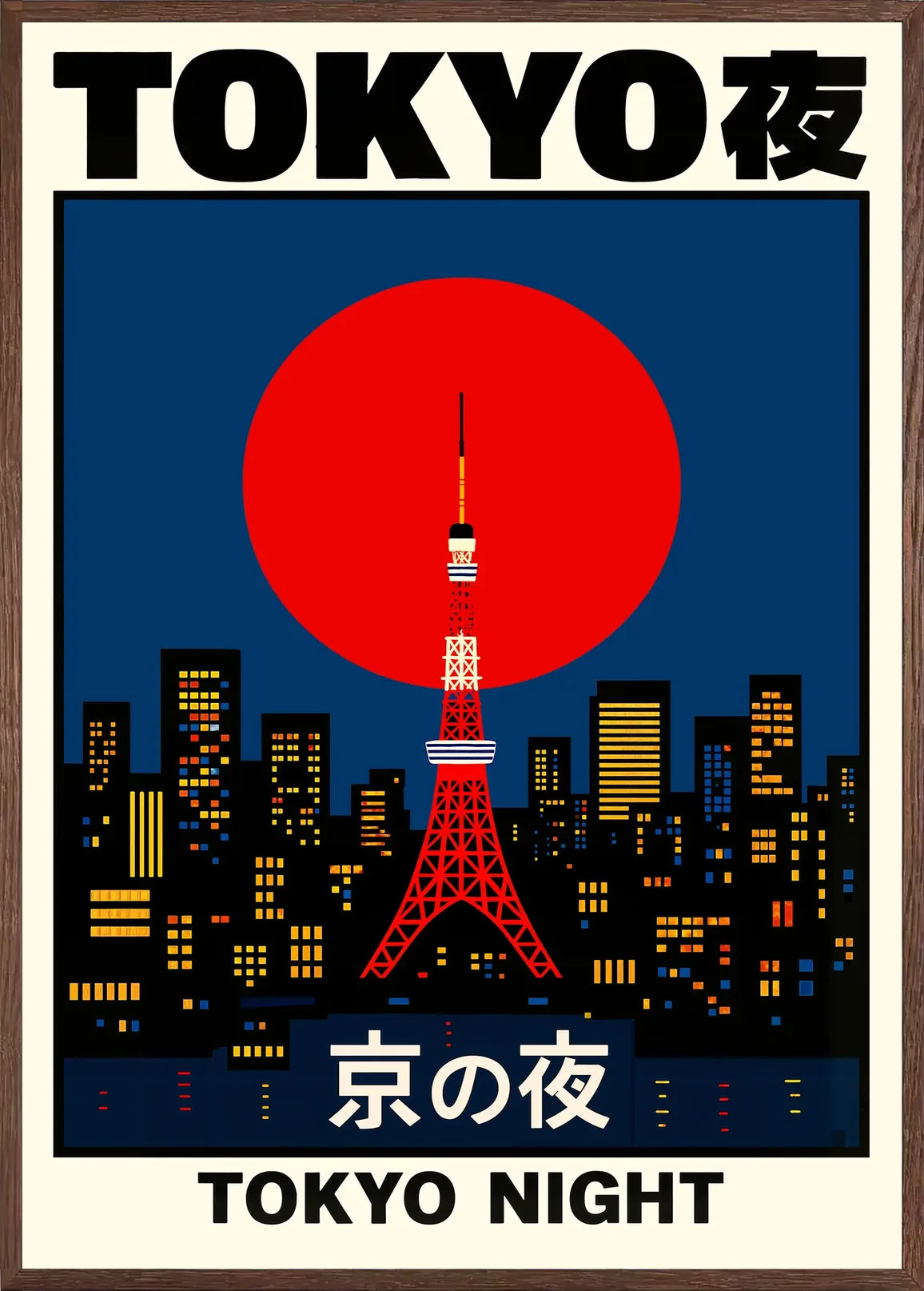 Cadre chene clair entourant l'affiche tour de Tokyo et soleil rouge