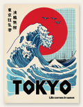 Affiche vague de Tokyo et soleil rouge art japonais