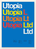 Typographie Utopia Ltd repetee en blanc jaune et rouge sur bleu, affiche style suisse