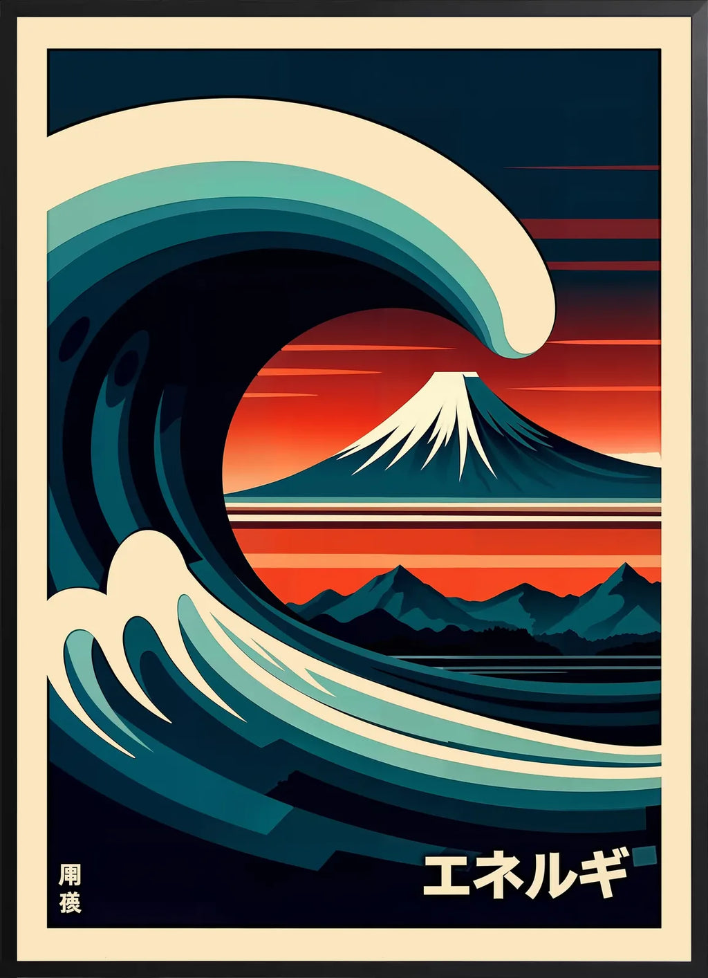 Encadrement noir mat autour de la vague et du mont Fuji rouge