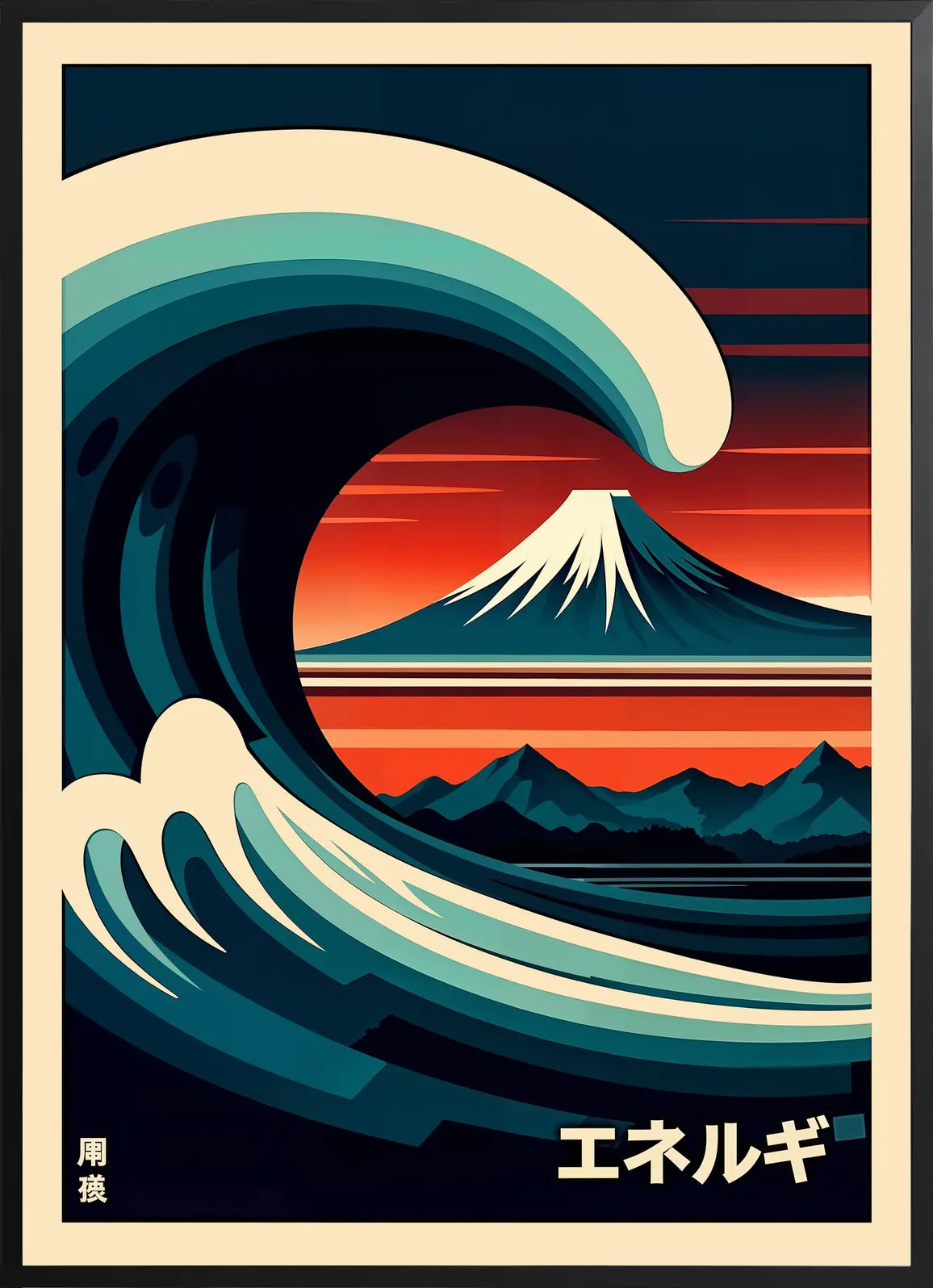 Encadrement noir mat autour de la vague et du mont Fuji rouge