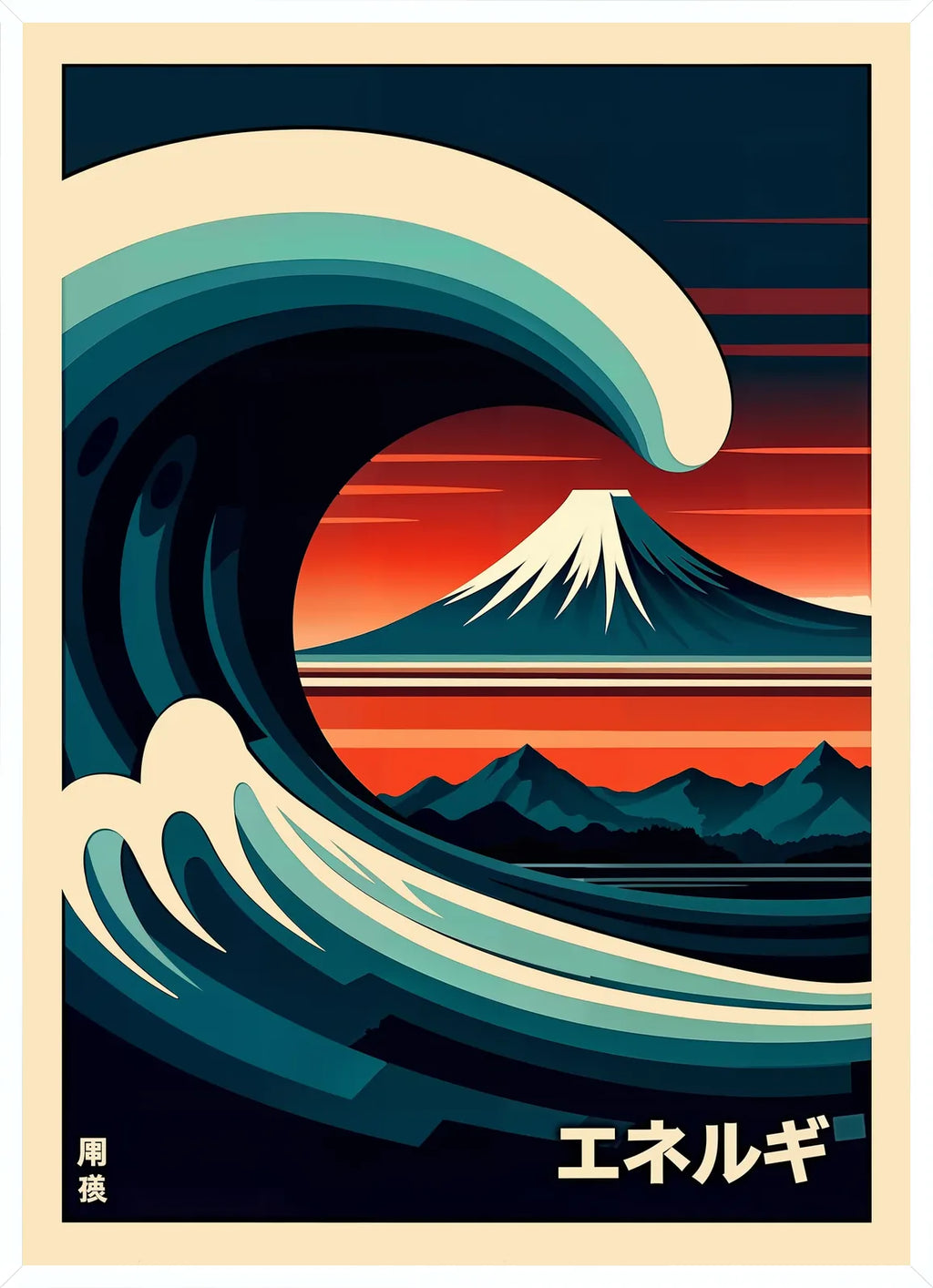 Cadre blanc epure presentant l'affiche vague mont Fuji couchant