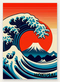 Affiche grande vague pop art, mont Fuji et soleil rouge japon couleurs franches