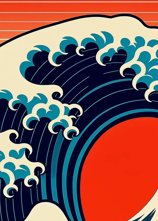 Gros plan sur la grande vague pop art et le soleil rouge
